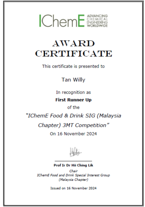 CME Students Triumph at IChemE Food & Drink Special Interest Group 3-Minute Thesis Competition certificate 2