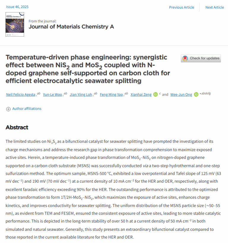 Prof. Ong Wee Jun and Team Publish in Journal of Materials Chemistry A