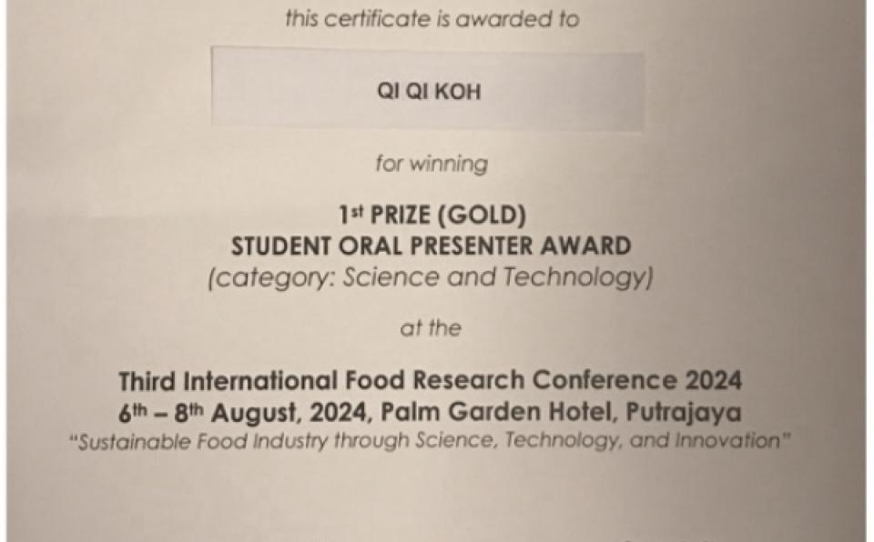 NESE Master Student Receives 1st Prize of Student Oral Presenter Award in 3rd International Food Research Conference
